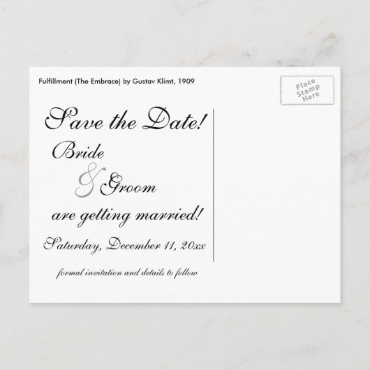 Carte Postale Faire-part Exécution (L'Embrace) par Gustav Klimt Mariage (Dos)