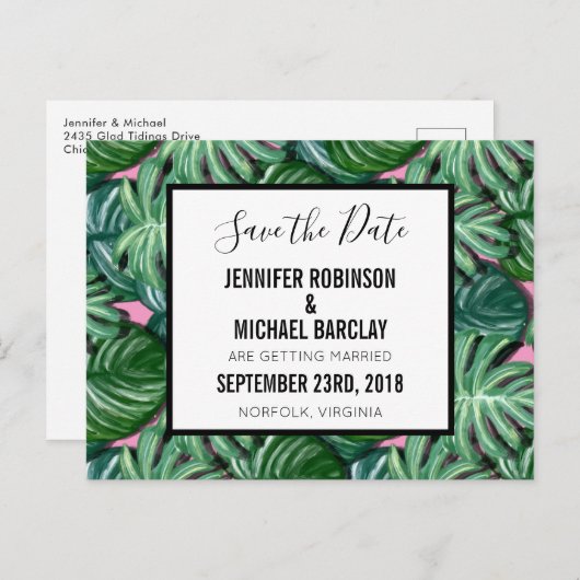 Carte Postale Faire-part Exotic Green Tropical Feuille Motif Enregistrer la (Devant / Derrière)