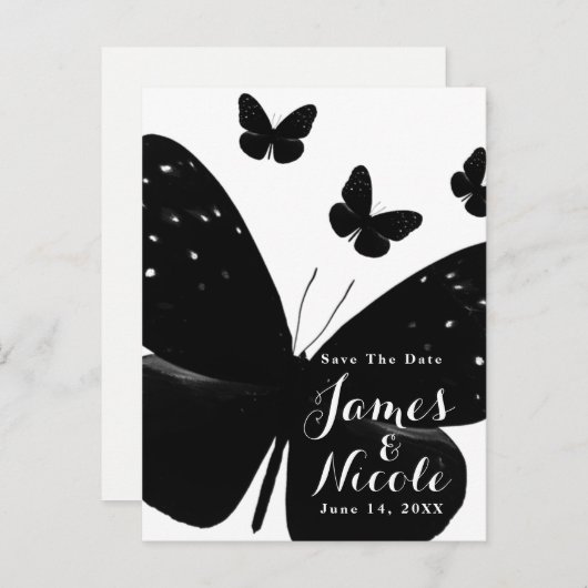 Carte Postale Faire-part Faire part avec papillons noirs sur fond blanc (Devant / Derrière)