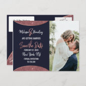 Carte Postale Faire-part Faire part circulaire bleu marine à paillettes or (Devant / Derrière)