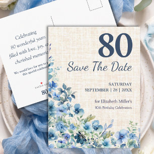 Carte Postale Faire-part Faire part de 80e anniversaire en lin botanique bl