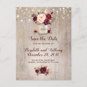 Carte Postale Faire-part Faire part de date de burgundy floral rustique