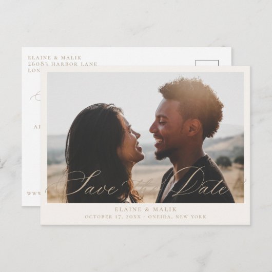 Carte Postale Faire-part Faire part de date de mariage en calligraphie beig (Devant / Derrière)