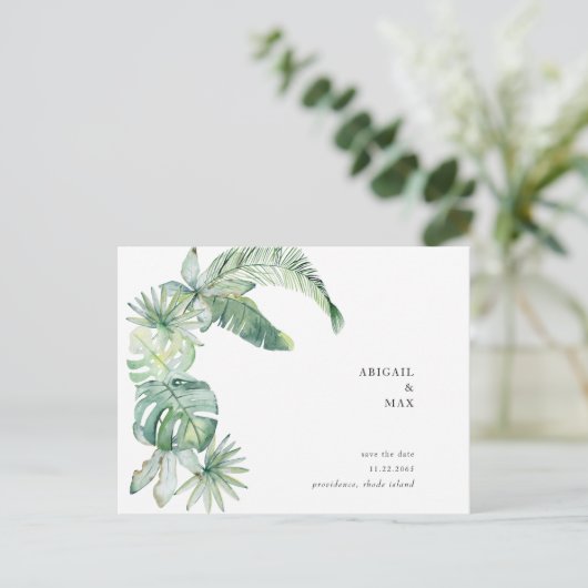 Carte Postale Faire-part Faire part de mariage à feuilles tropicales simple (Debout devant)
