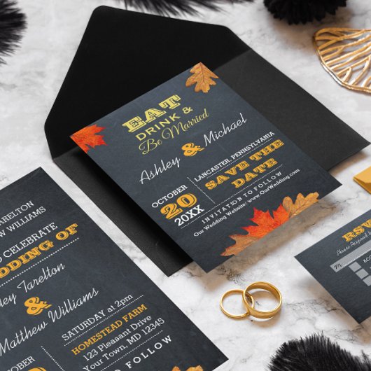 Carte Postale Faire-part Faire part de mariage automnal sur tableau noir