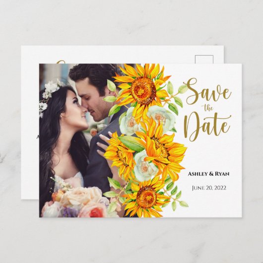 Carte Postale Faire-part Faire part de mariage avec photo de tournesol (Devant / Derrière)