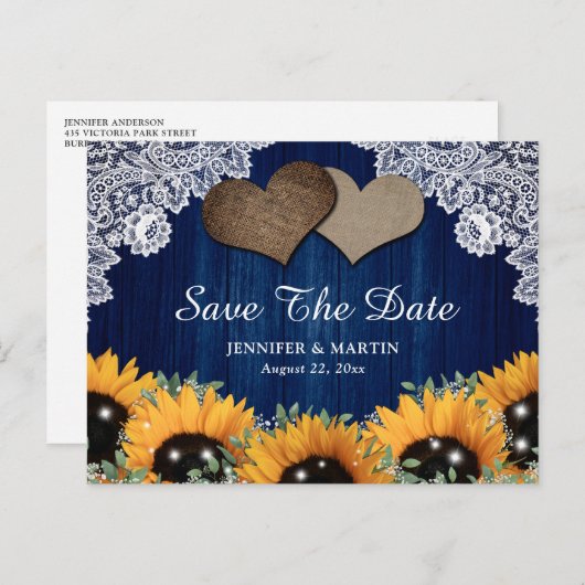 Carte Postale Faire-part Faire part de mariage champêtre bleu marine tourne (Devant / Derrière)