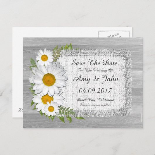 Carte Postale Faire-part Faire part de mariage rustique aux marguerites en (Devant / Derrière)