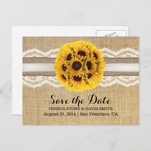 Carte Postale Faire-part Faire part de mariage Tournesol Rustique Lace & Bu (Devant / Derrière)