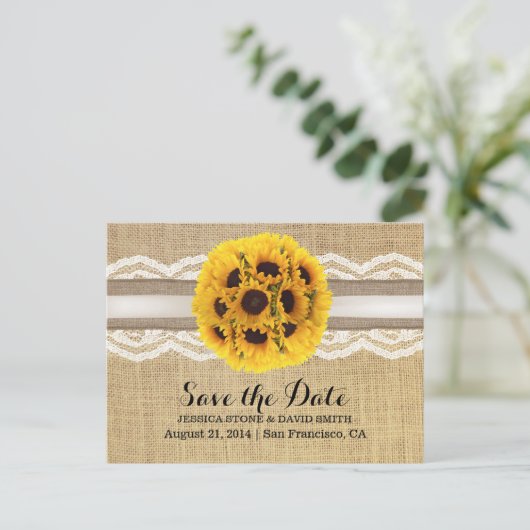 Carte Postale Faire-part Faire part de mariage Tournesol Rustique Lace & Bu (Debout devant)