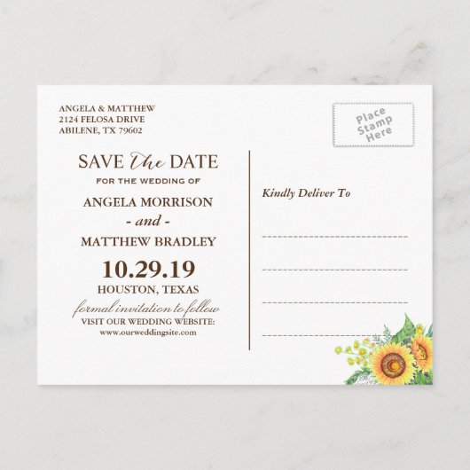 Carte Postale Faire-part Faire part de mariage Tournesols Jaunes Rustiques (Dos)