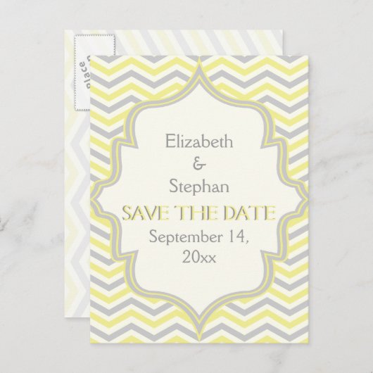 Carte Postale Faire-part Faire part de mariage zigzag chevron gris jaune (Devant / Derrière)
