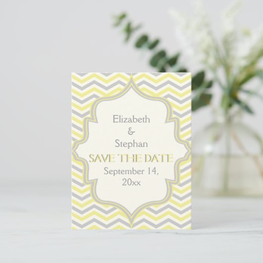 Carte Postale Faire-part Faire part de mariage zigzag chevron gris jaune (Debout devant)