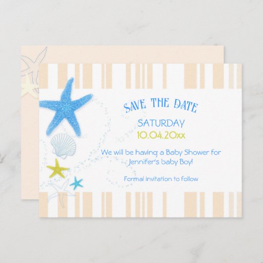 Carte Postale Faire-part Faire part de naissance garçon thème plage Peach & (Devant / Derrière)