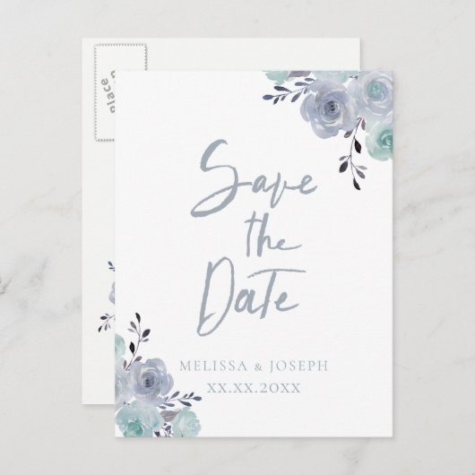 Carte Postale Faire-part faire part floral bleu poussiéreux (Devant / Derrière)