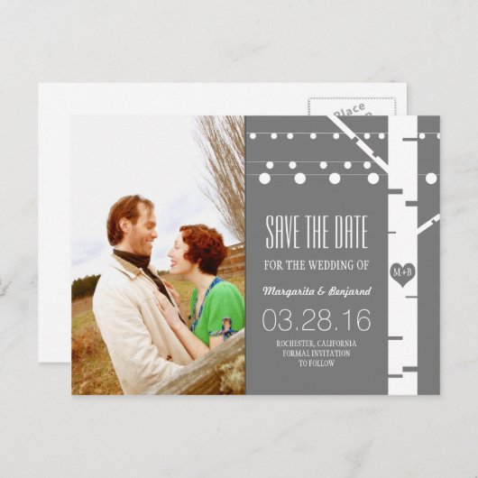 Carte Postale Faire-part faire part photo avec guirlande lumineuse et arbre (Devant / Derrière)