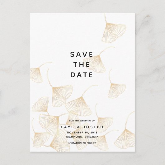 Carte Postale Faire-part Falling Gold Ginkgo Feuilles Enregistrer la date c (Devant)