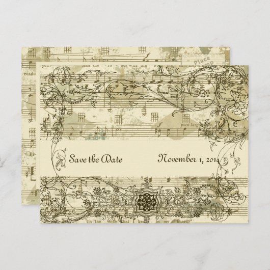 Carte Postale Faire-part Fancy Antique Music Enregistrer la date (Devant / Derrière)