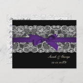 Carte Postale Faire-part Fausse dentelle et ruban violet noir save the date (Devant / Derrière)