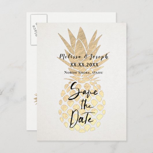Carte Postale Faire-part FAUX feuille d'or ananas enregistrer la date (Devant / Derrière)