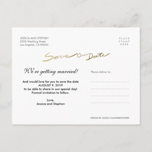 Carte Postale Faire-part Faux Gold Handwrite Enregistrer notre Date White P (Dos)
