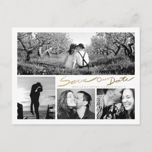 Carte Postale Faire-part Faux Gold Handwrite Enregistrer notre Date White P (Devant)