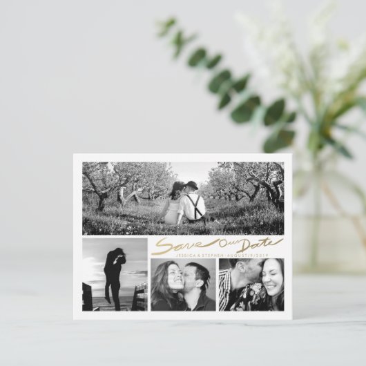 Carte Postale Faire-part Faux Gold Handwrite Enregistrer notre Date White P (Debout devant)