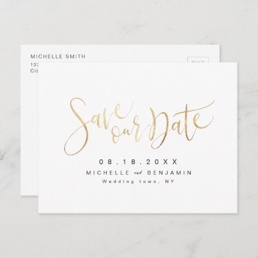 Carte Postale Faire-part Faux Gold Modern Simple Script Enregistrer La Date (Devant / Derrière)