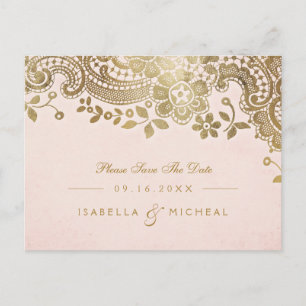 Carte Postale Faire-part Faux or blush élégant mariage dentelle enregistrer