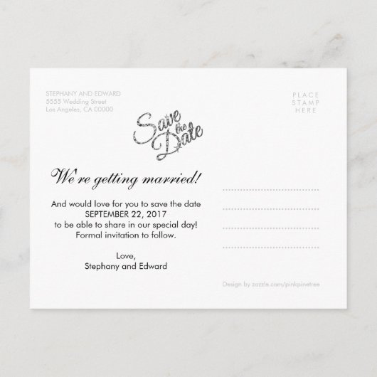 Carte Postale Faire-part Faux Parties scintillant Argent Enregistrer la dat (Dos)