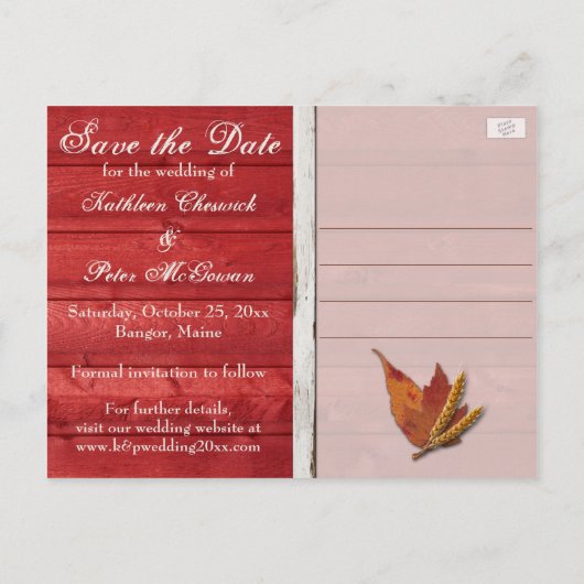 Carte Postale Faire-part FAUX Wood, Feuille, Coeur Enregistrer la date Cart (Dos)
