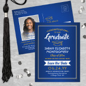 Carte Postale Faire-part Félicitations Diplômé Bleu & Or Enregistrer la Dat