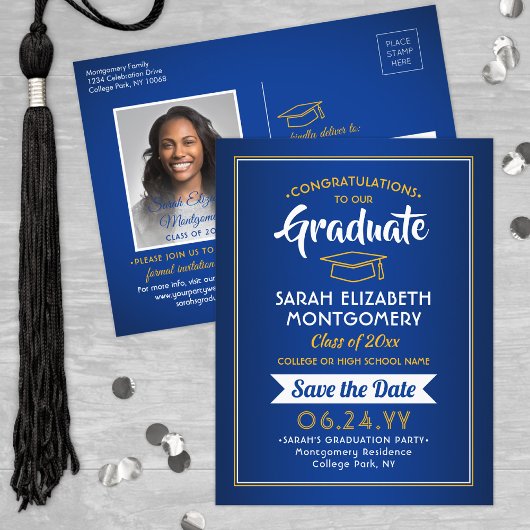 Carte Postale Faire-part Félicitations Diplômé Bleu & Or Enregistrer la Dat