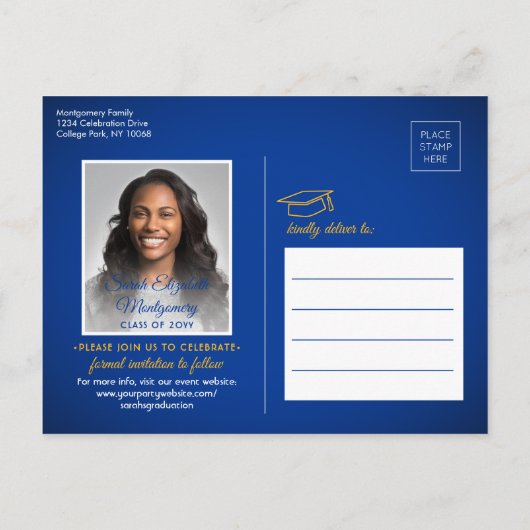 Carte Postale Faire-part Félicitations Diplômé Bleu & Or Enregistrer la Dat (Dos)