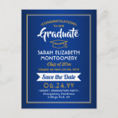 Carte Postale Faire-part Félicitations Diplômé Bleu & Or Enregistrer la Dat (Devant)