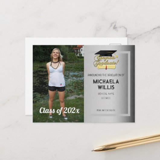 Carte Postale Faire-part Félicitations Diplôme d'études supérieures casquet (Devant/Arrière en situation)