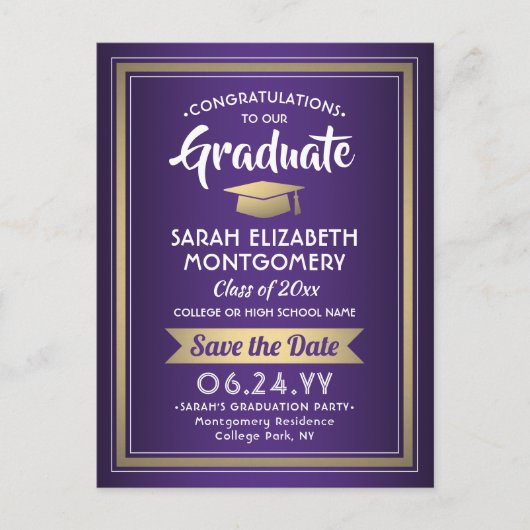Carte Postale Faire-part Félicitations diplômés Pourpre et Or Sauvegarder l (Devant)