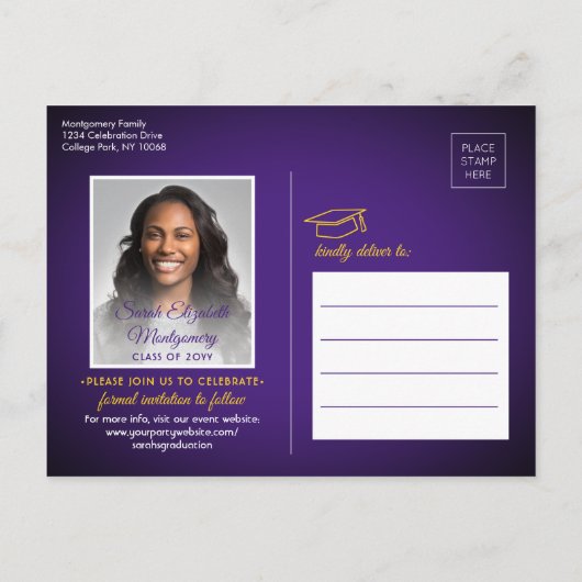 Carte Postale Faire-part Félicitations diplômés Pourpre et Or Sauvegardez l (Dos)