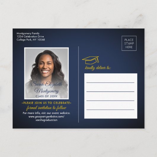 Carte Postale Faire-part Félicitations Grand Marine Bleu & Or Enregistrer l (Dos)