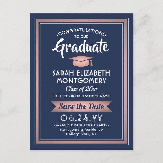 Carte Postale Faire-part Félicitations Grand Marine Bleu & Rose Enregistrer (Devant)