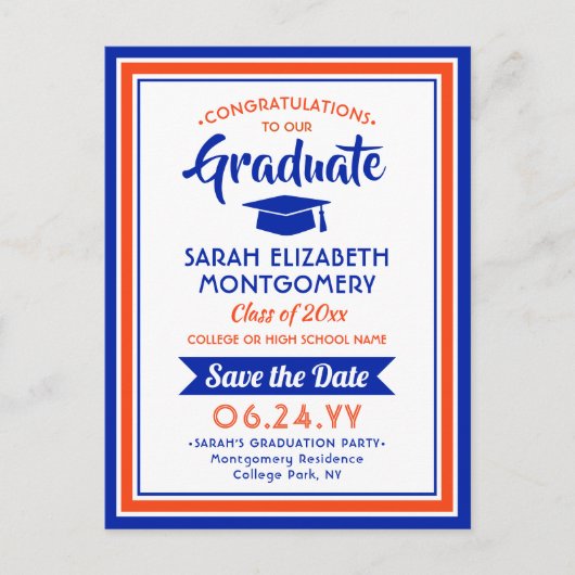 Carte Postale Faire-part Félicitations Grand Orange et Bleu Enregistrer la (Devant)