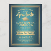 Carte Postale Faire-part Félicitations jeune diplômé Turquoise et Or Sauveg (Devant)