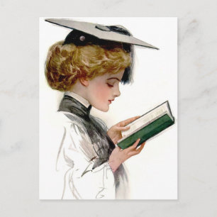 Carte Postale Faire-part Femme Diplômée Vintage Lisant un Livre Classique