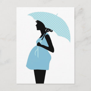 Carte Postale Faire-part Femme enceinte avec parapluie à pois bleu ciel