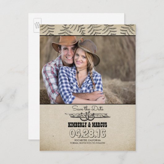 Carte Postale Faire-part Fers à cheval Campagne Rustique Enregistrer la dat (Devant / Derrière)