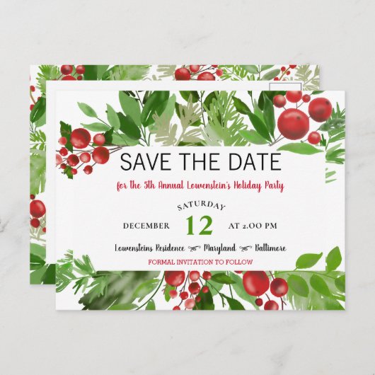 Carte Postale Faire-part Festive Rouge Noël Fête Enregistrer la date (Devant / Derrière)