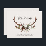 Carte Postale Faire-part Fête d'anniversaire automnale à feuillage rustique<br><div class="desc">Invitation pour une fête d'anniversaire automnale à feuillage rustique et bois de cerf. Avec de beaux détails à l'aquarelle.</div>