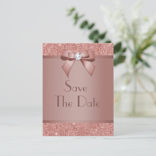 Carte Postale Faire-part Fête d'anniversaire avec nœud en or rose clinquant (Debout devant)