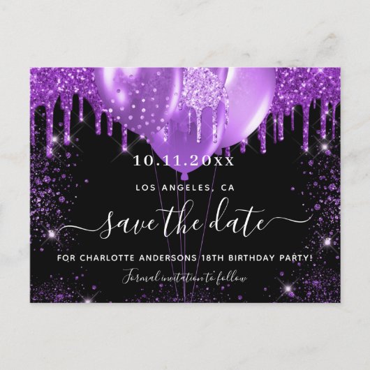 Carte Postale Faire-part Fête d'anniversaire ballons noirs violets enregist