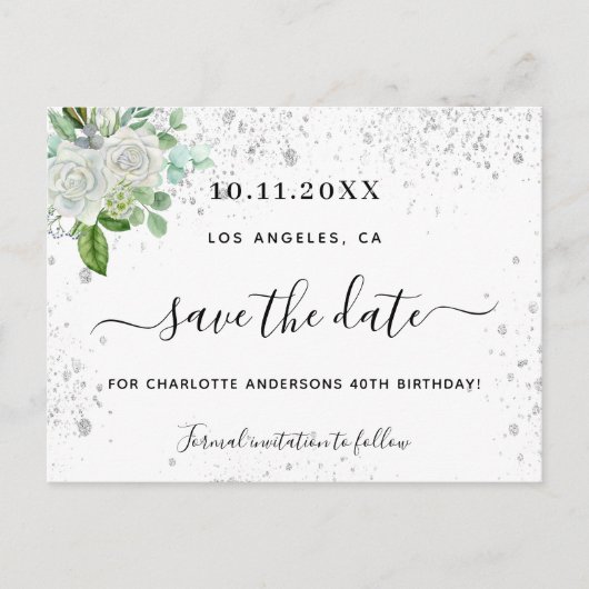 Carte Postale Faire-part Fête d'anniversaire floral blanc vert enregistrer  (Devant)